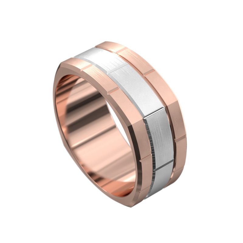 TV shaped gents wedding ring, two toned rose gold with white gold centre