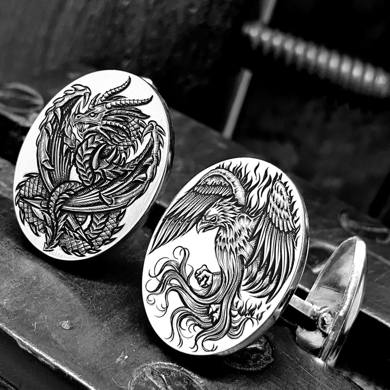 Sterling silver cufflinks hand engraved with fantasy dragon and phoenix designs