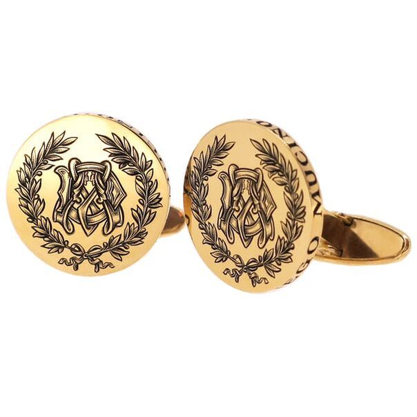 18ct yellow gold cufflinks, round, T-bar backs, hand engraved with a custom Edwardian DM monogram in laurel wreath