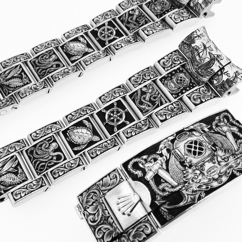 Hand engraved Rolex straps and clasp