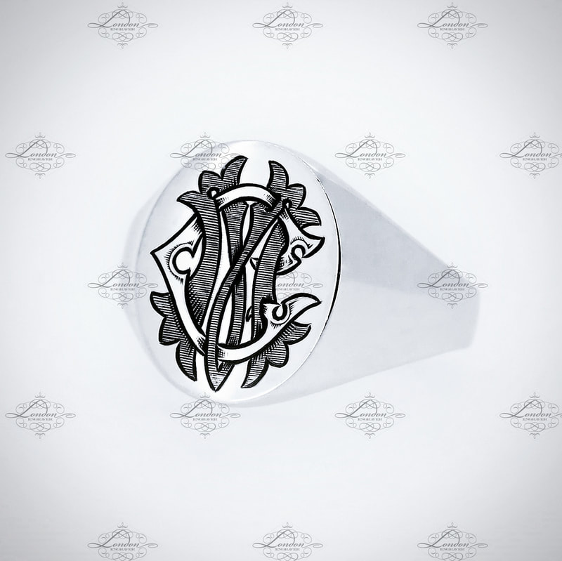 CM or MC monogram, custom designed entwined Edwardian initials on an Oxford Oval silver signet ring
