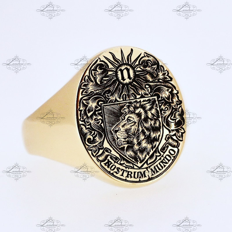 14x18 Oxford Oval yellow gold signet ring, surface engraved Coat of Arms, custom designed