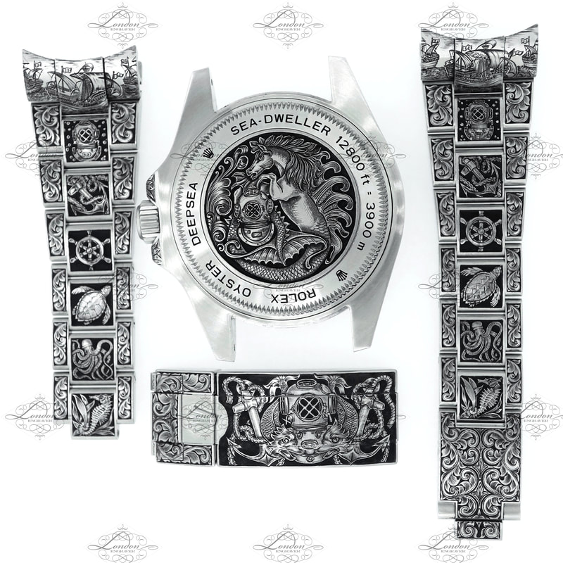 Rolex Deepsea Sea-Dweller watch, hand engraved with a nautical theme.  Straps, clasp and watchback.