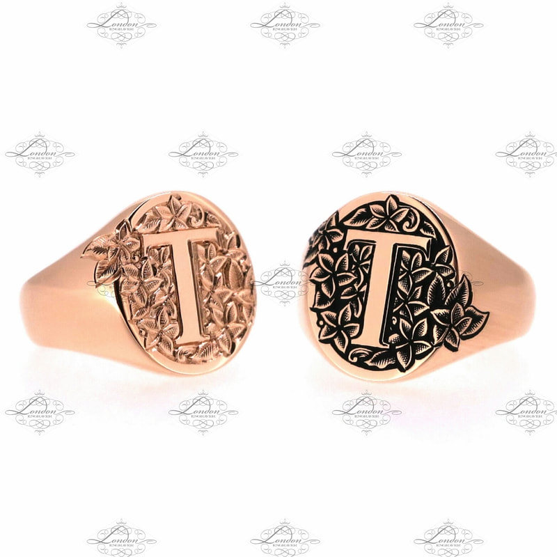 Two initial T monogram signet rings with frangipani flower background. With and without black enamel.