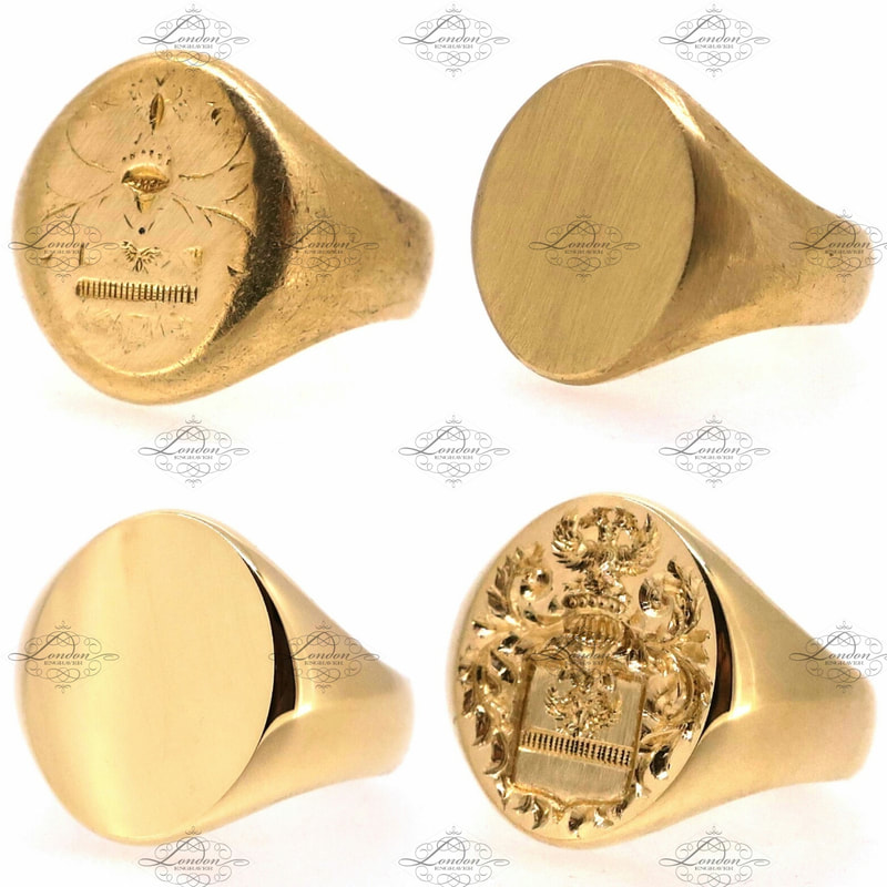 restoration of a worn yellow gold signet ring, coat of arms seal engraved back to new