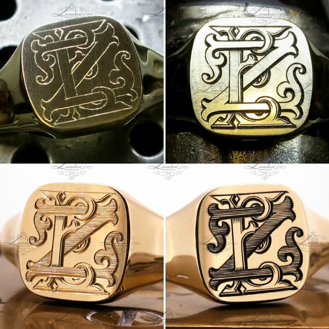 ZE or EZ custom monogram on a 9ct yellow gold cushion signet ring