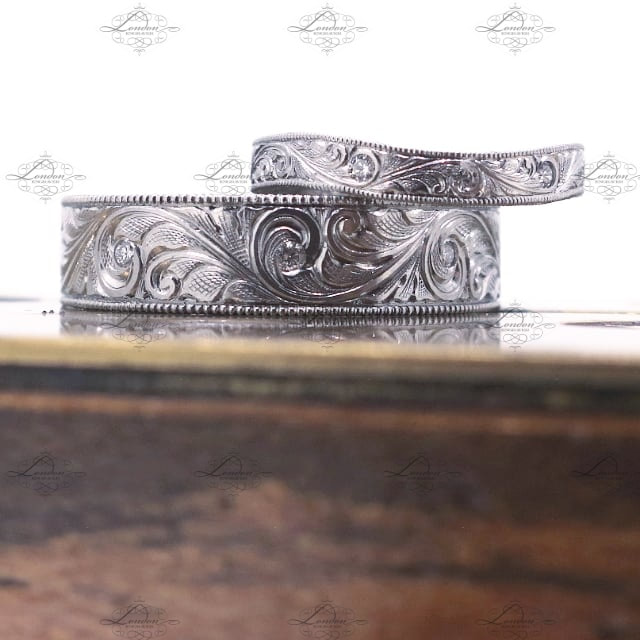 Platinum ladies and mens wedding rings, matching set with hand engraved scrollwork and milgrain