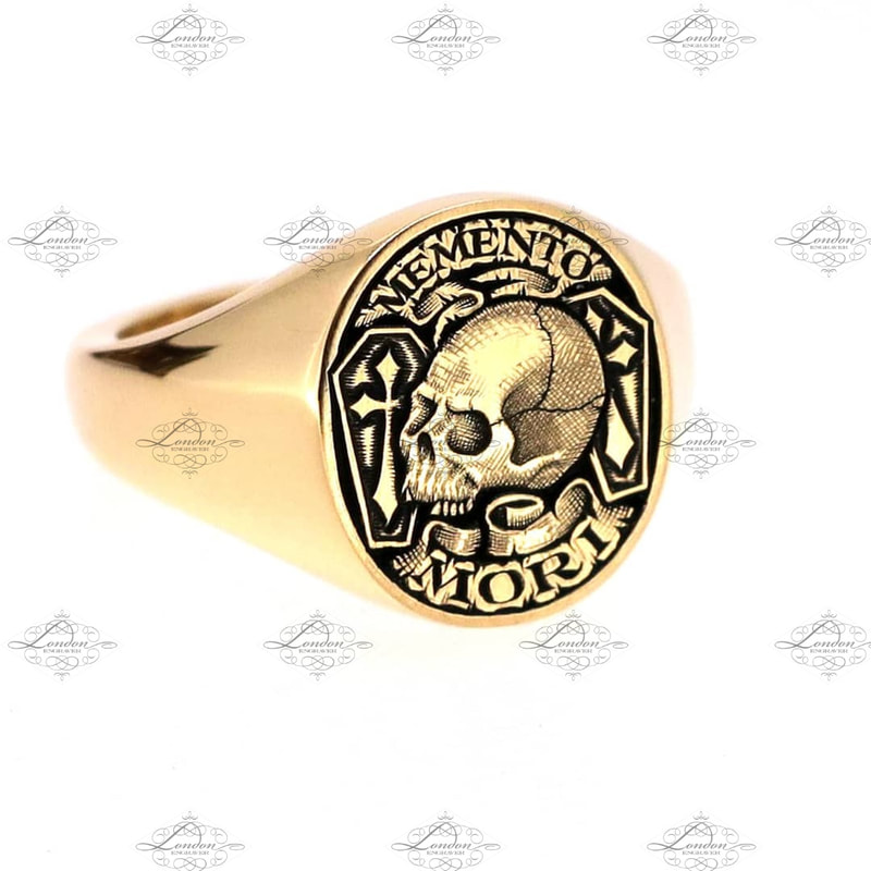 Yellow Gold Memento Mori signet ring.  12x14 Oxford Oval. Remember you will die. 