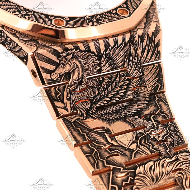 18ct rose gold Audemars Piguet watch strap hand engraved with Pegasus