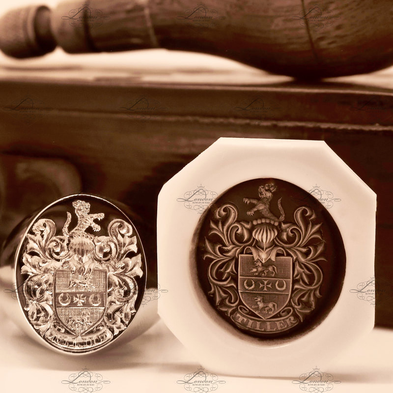 An Oxford Oval signet ring with a seal engraved coat of arms, with it's wax impression next to it.  Tiller Coat of Arms.