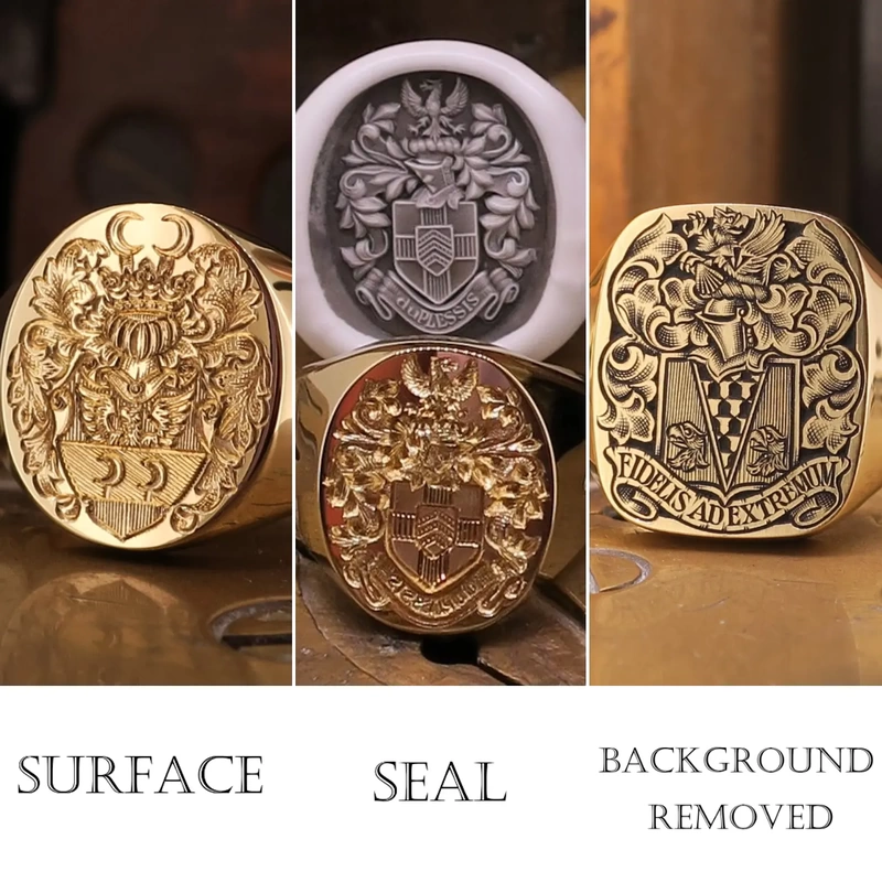 An image showing three Coats of Arms - one surface engraved, one seal engraved and one background removal