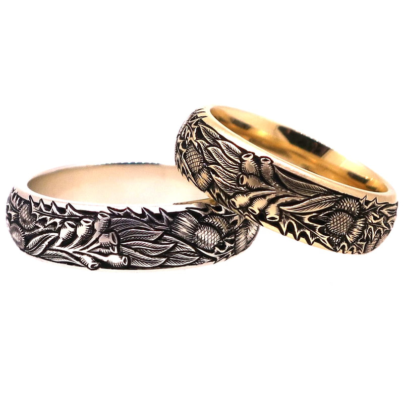 Scrollwork on matching wedding bands