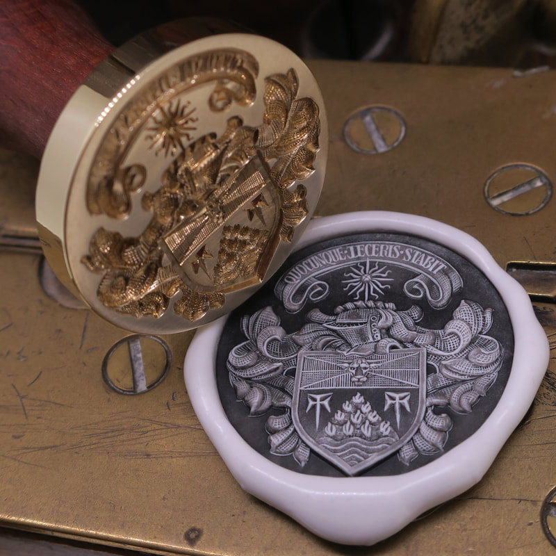 Seal engraved Coat of Arms on brass table seal with wax stamp impression